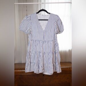 Zara Blue and White Striped tiered mini dress, cotton/linen blend size M
